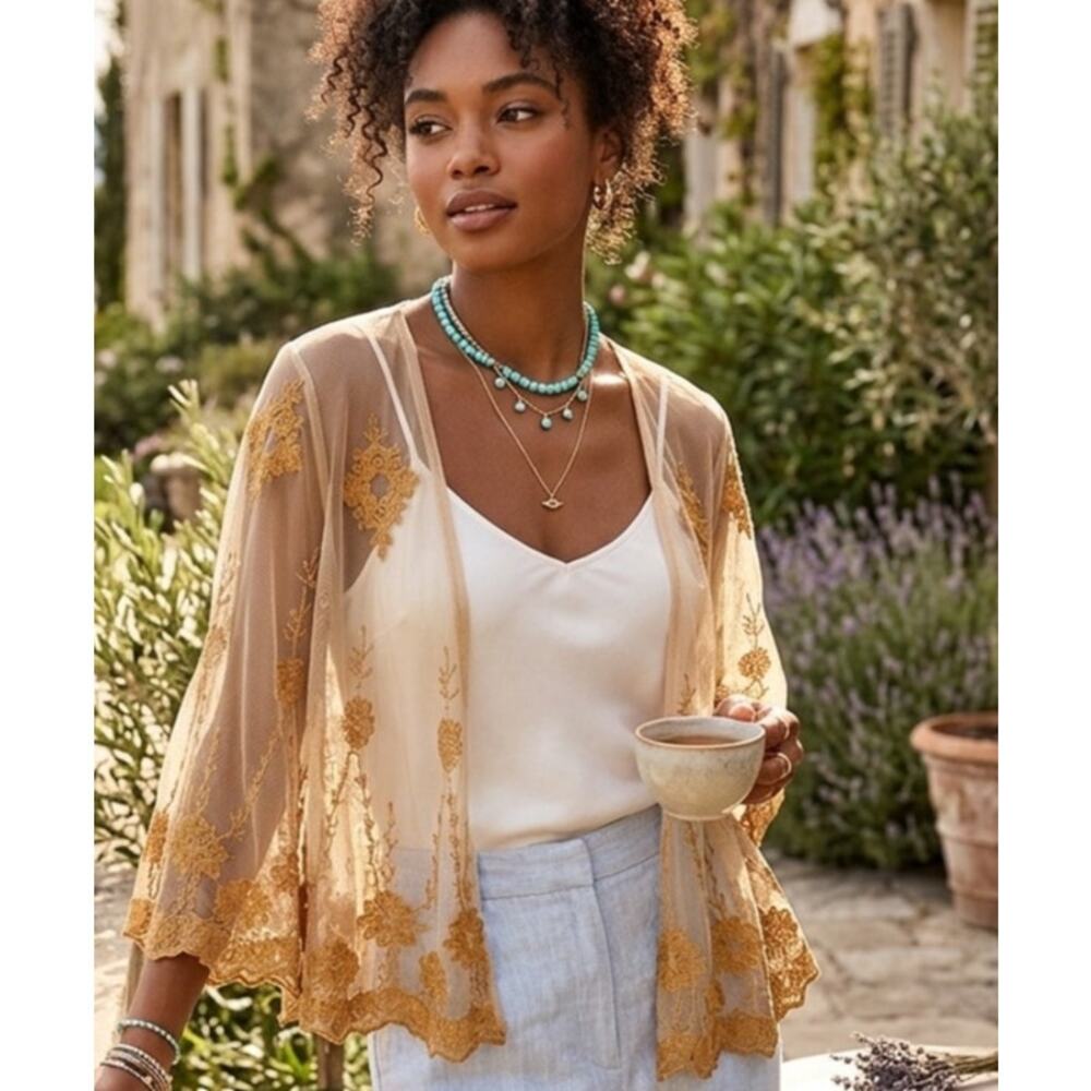 Boutique XXI lace and mesh embroidered cardigan blouse/wrap